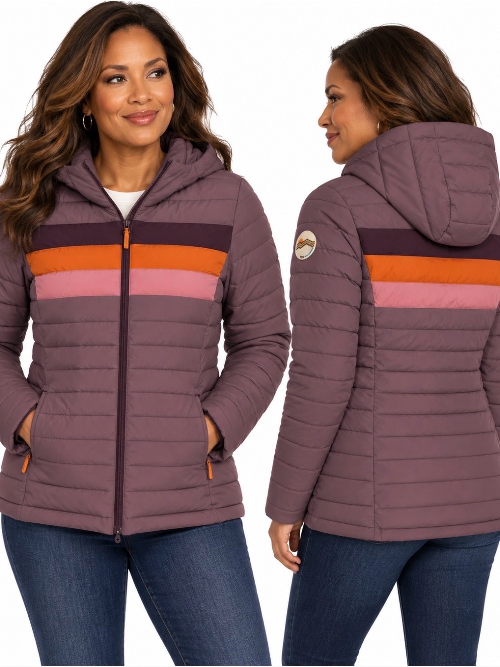 HFX Outdoors Women’s L Hooded Puffer Jacket Mauve Colorblock Water Resistant Rec